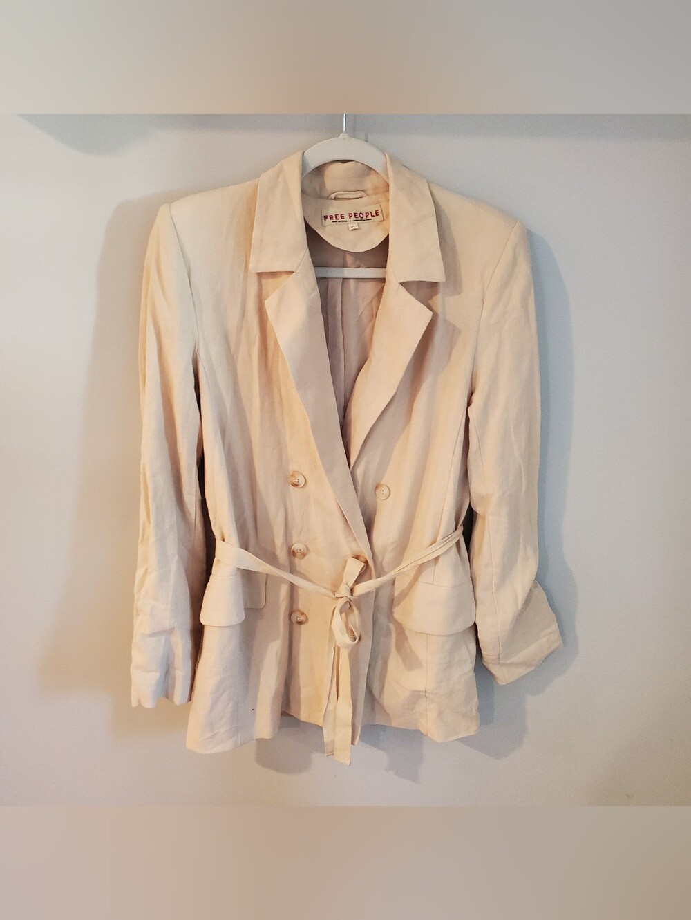 Free People Olivia Blazer Women XS Cream Linen Blend Double Breasted Tie Waist
